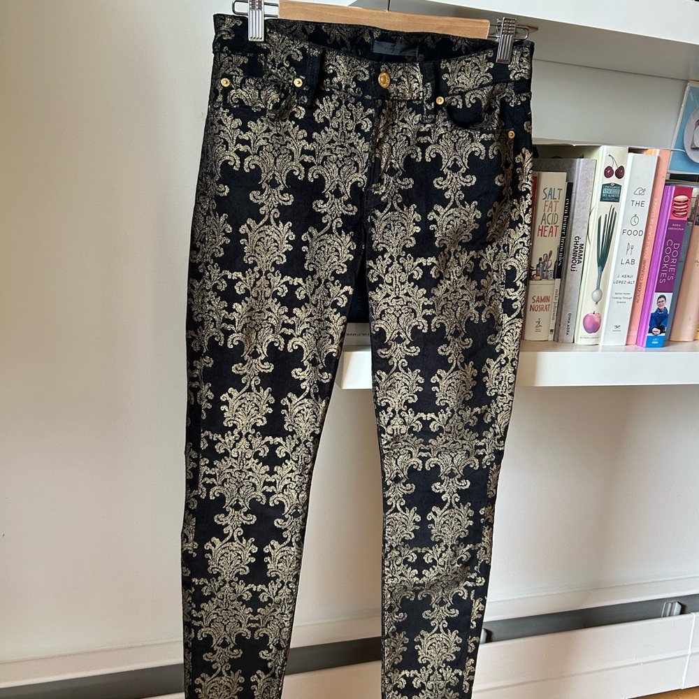 7 For All Mankind Black and Gold velour Skinny Pants